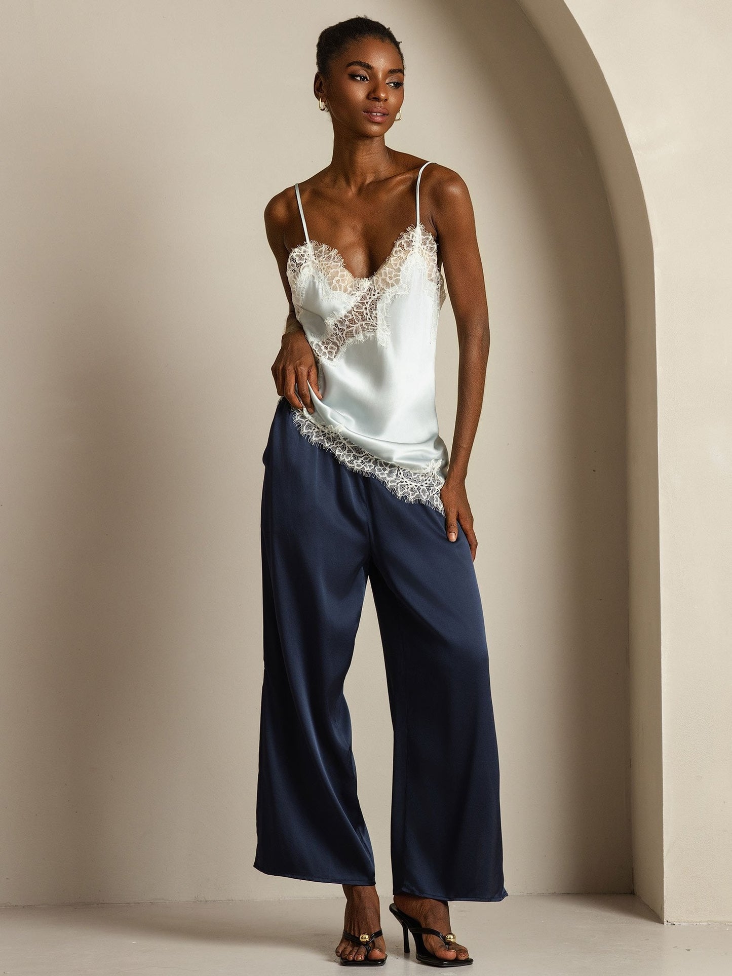 Pure Silk Spaghetti Straps Lace Camisole Top with Asymmetrical Hem