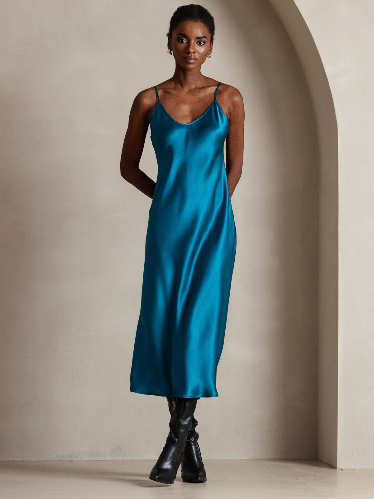 Pure Silk Spaghetti Strap Midi Dress