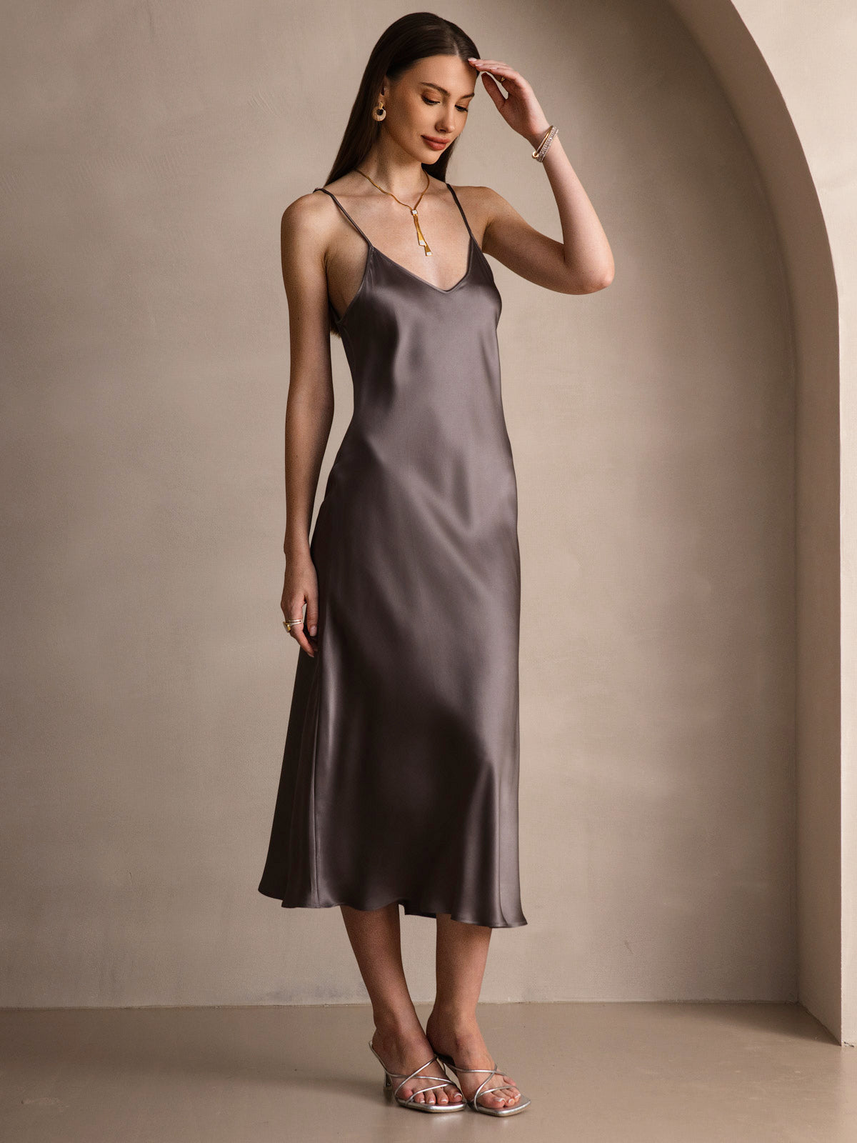 Pure Silk Spaghetti Strap Midi Dress