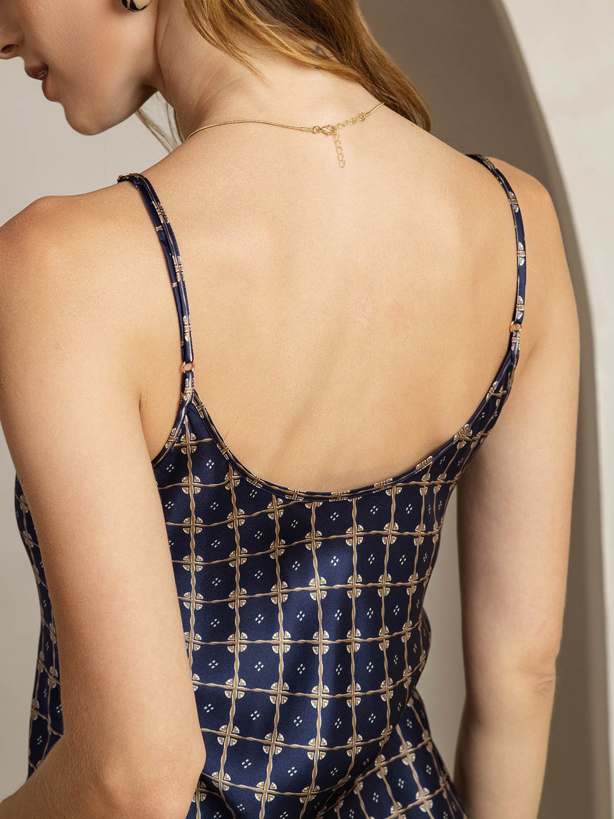 Clearance(Ships to UK Only) - 19Momme Silk Navy Chain Print V Neck Adjustable Strap Midi Dress