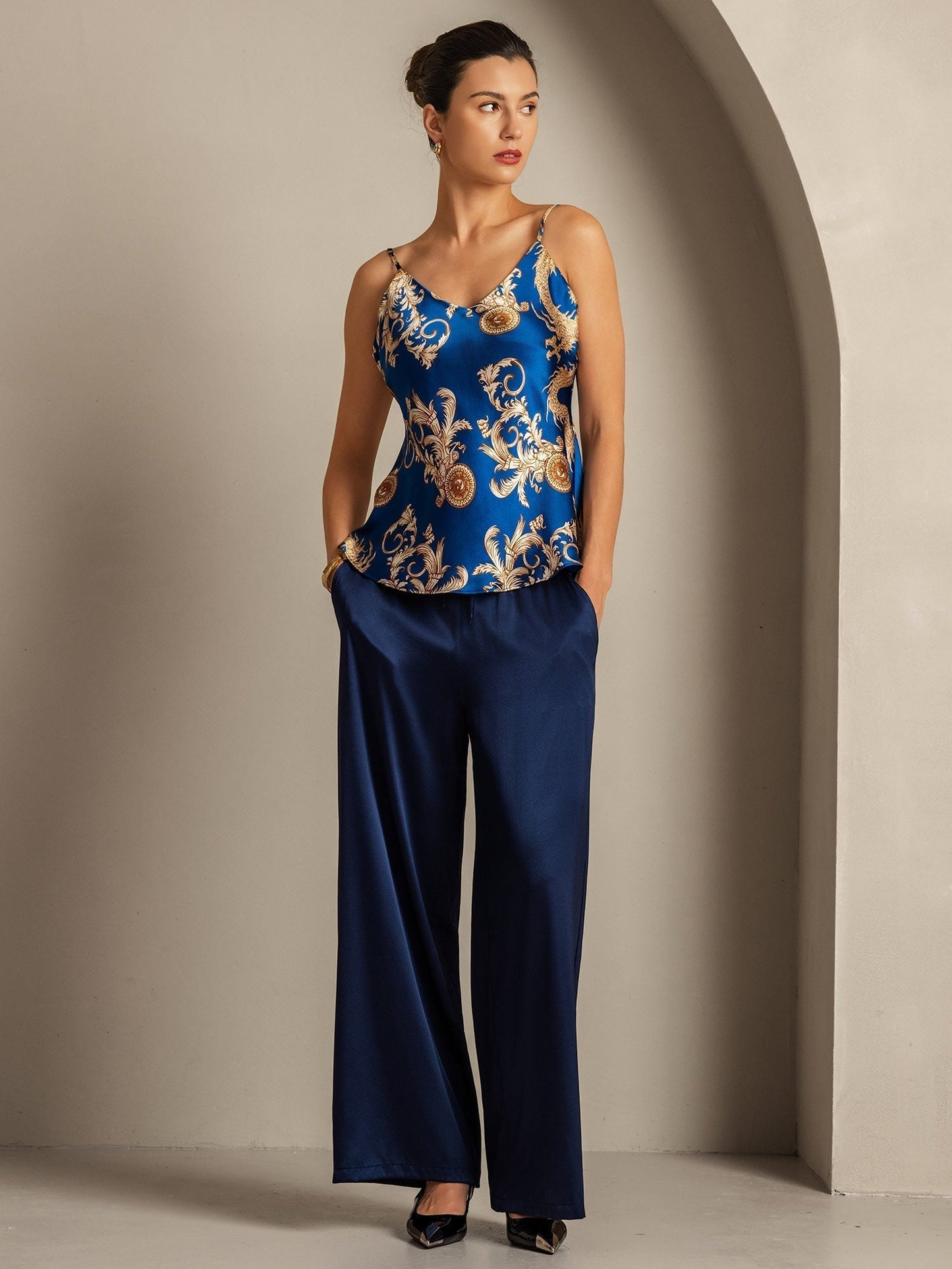 Pure Silk Dragon Print Spaghetti Strap V Neck Camisoles
