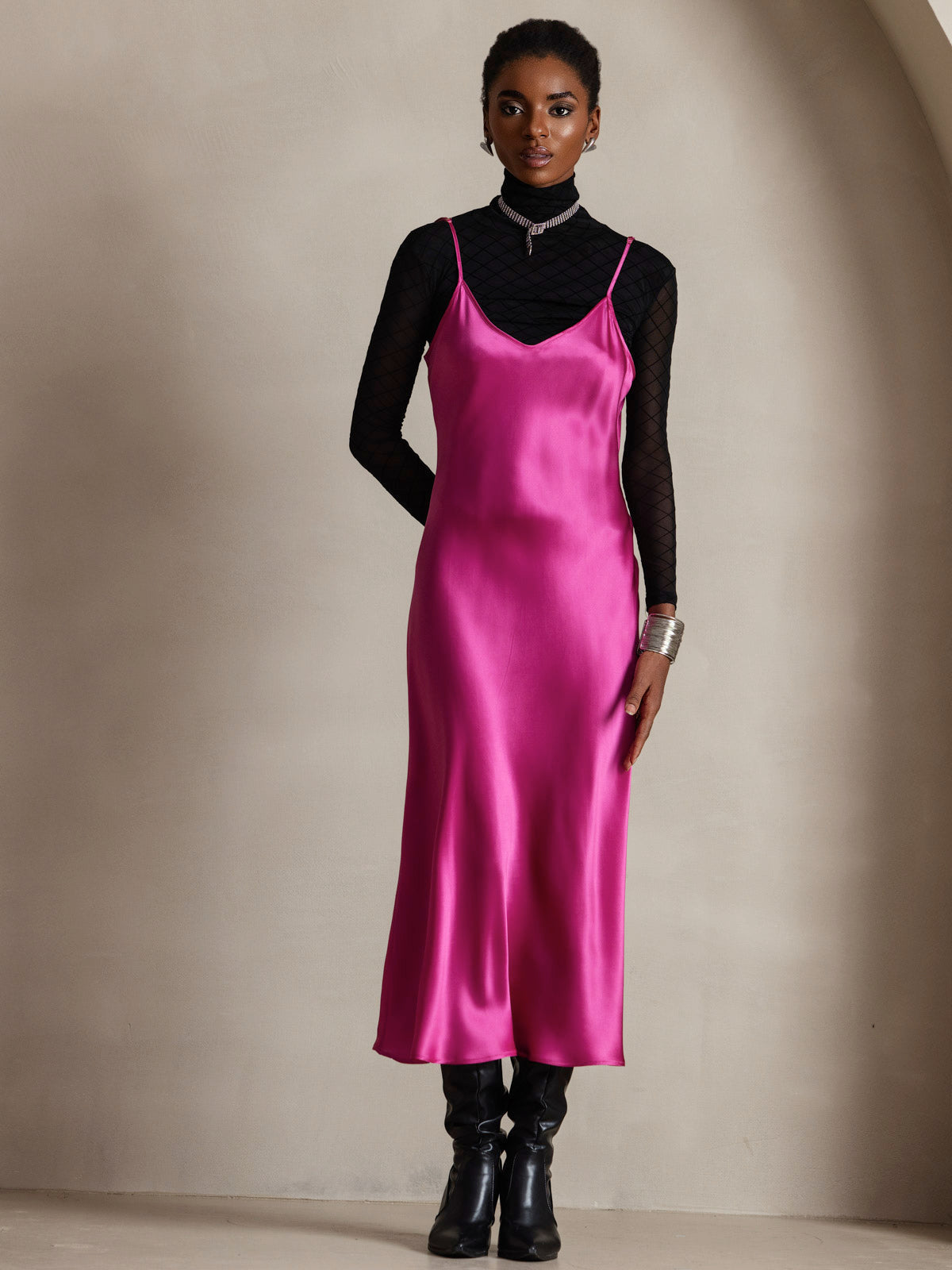 Pure Silk Spaghetti Strap V Neck Midi Dress