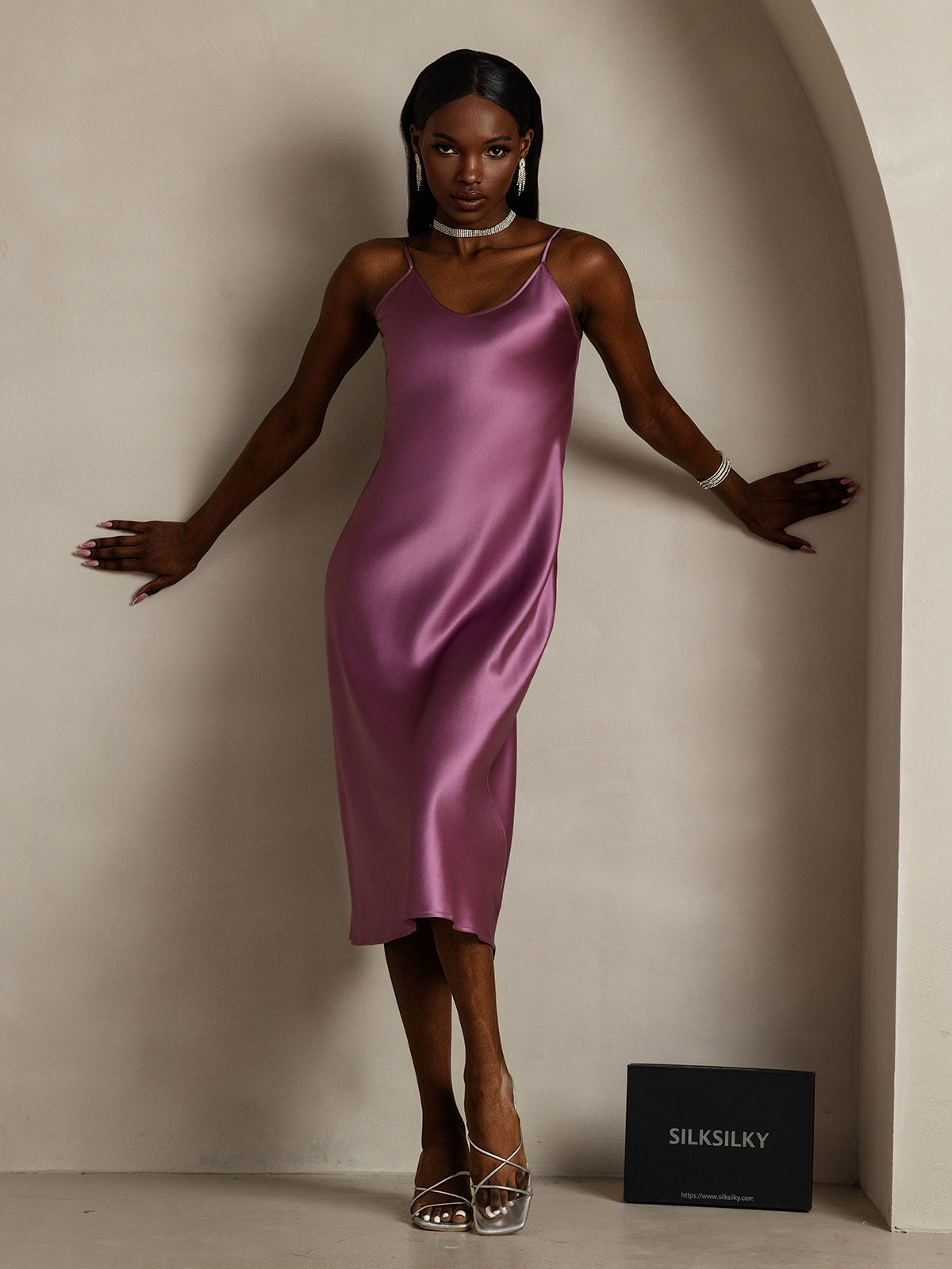 Pure Silk Spaghetti Strap V Neck Midi Dress