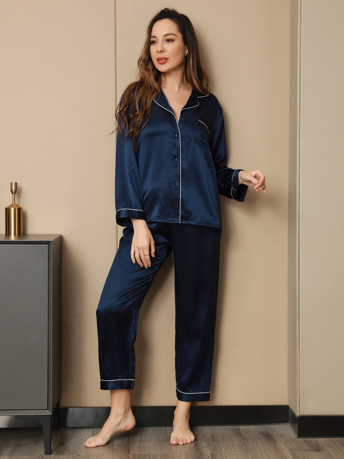 Pure Silk Notch Collar Button Up Women's Pyjamas Set