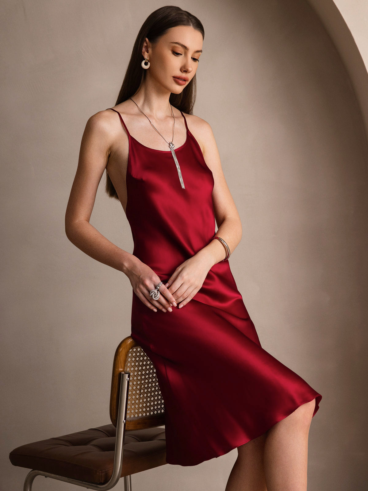Pure Silk Spaghetti Strap U Neck Knee Dress with Split Criss Cross V-Back Design