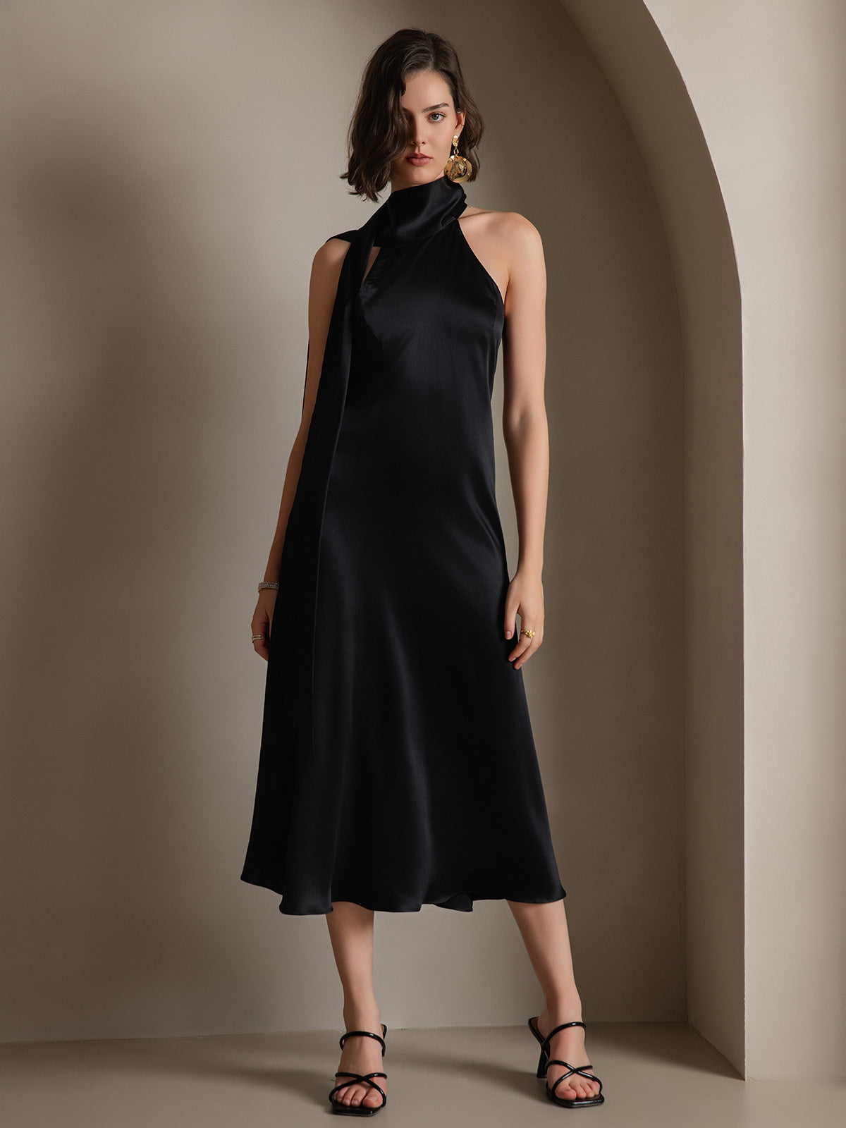 19Momme Silk Sleeveless Tie Neck Midi Dress
