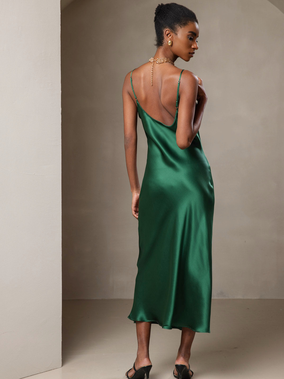Pure Silk Spaghetti Strap V Neck Midi Dress