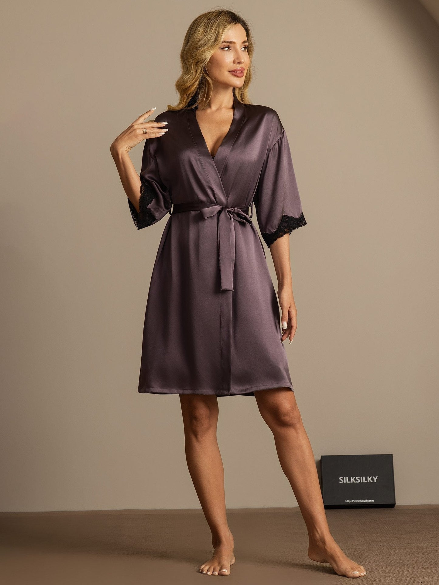 Pure Silk Basic Women's Robe with Lace Design