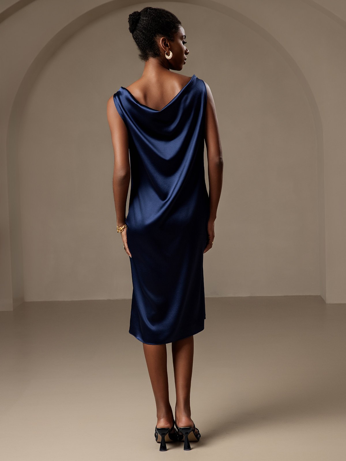 19Momme Silk Sleeveless Cowl Neck Knee Dress