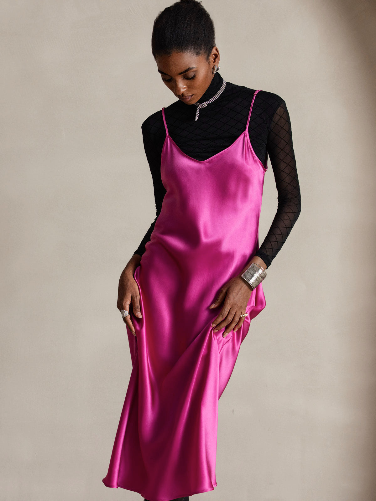 Pure Silk Spaghetti Strap V Neck Midi Dress
