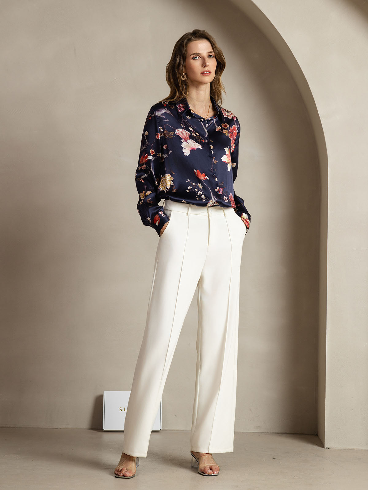 19Momme Silk Navy Floral Print Long Sleeve Lapel Collar Women's Shirt