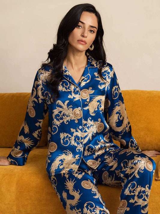Pure Silk Dragon Print Long Sleeve Notch Collar Women's Pyjamas Set With Pants