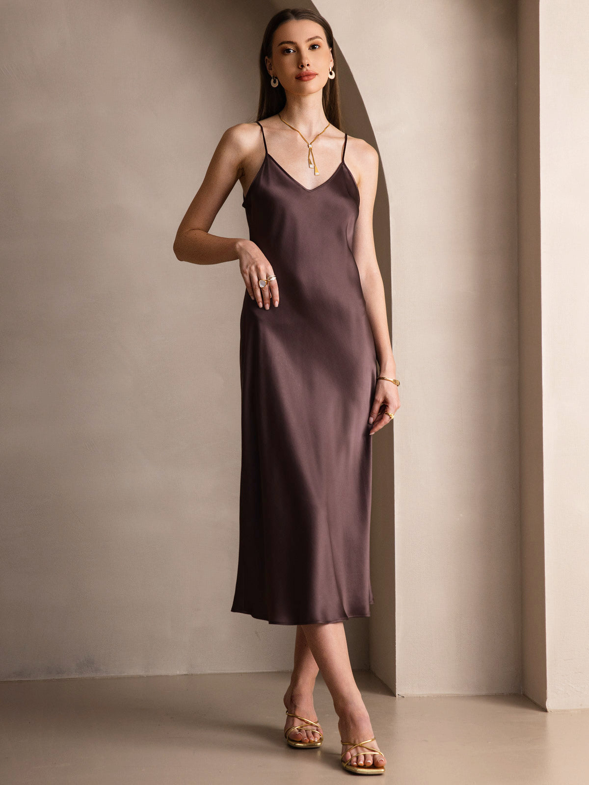 Pure Silk Spaghetti Strap V Neck Midi Dress