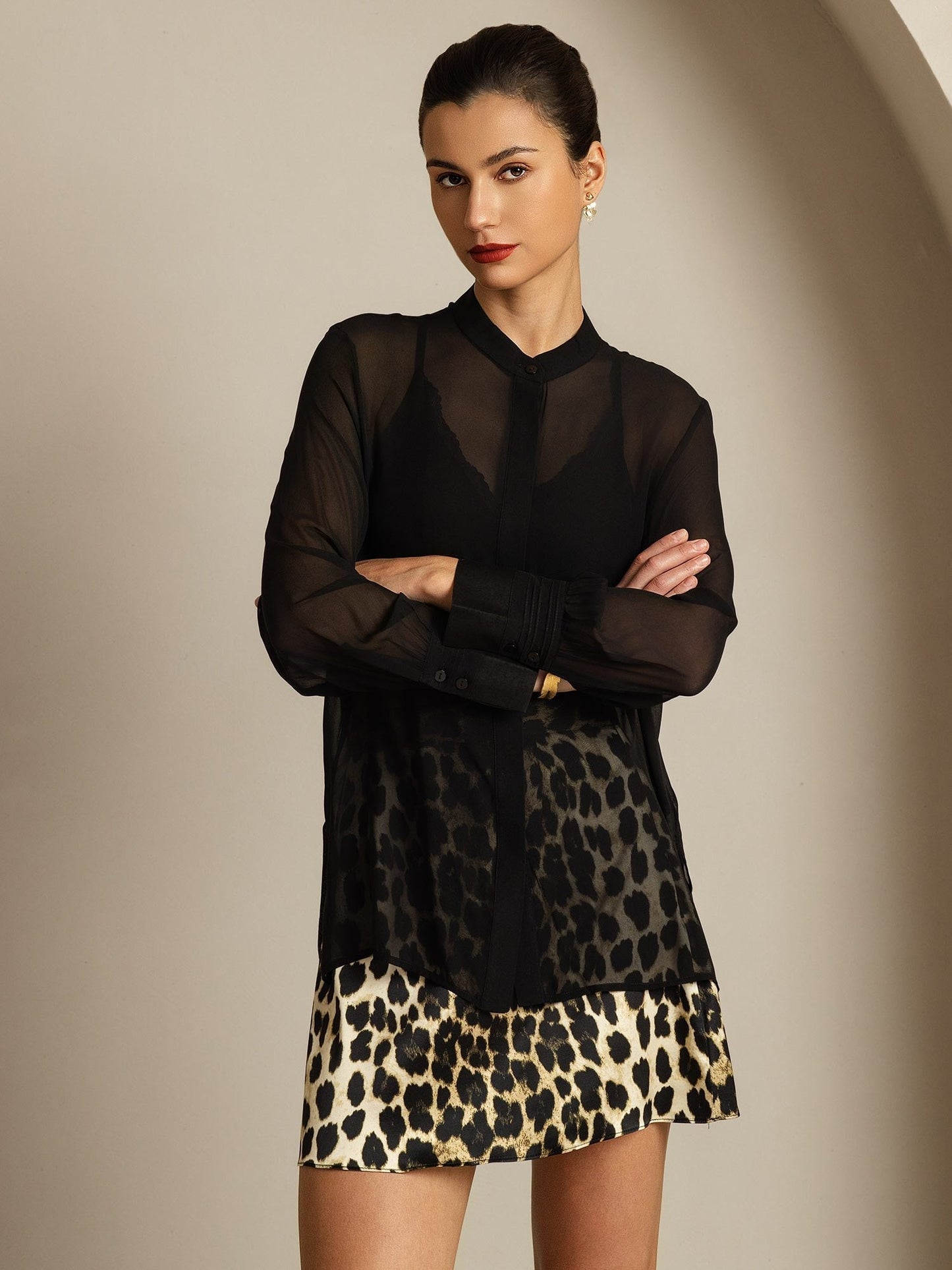 Pure Silk Long Sleeve Split Sheer Blouse