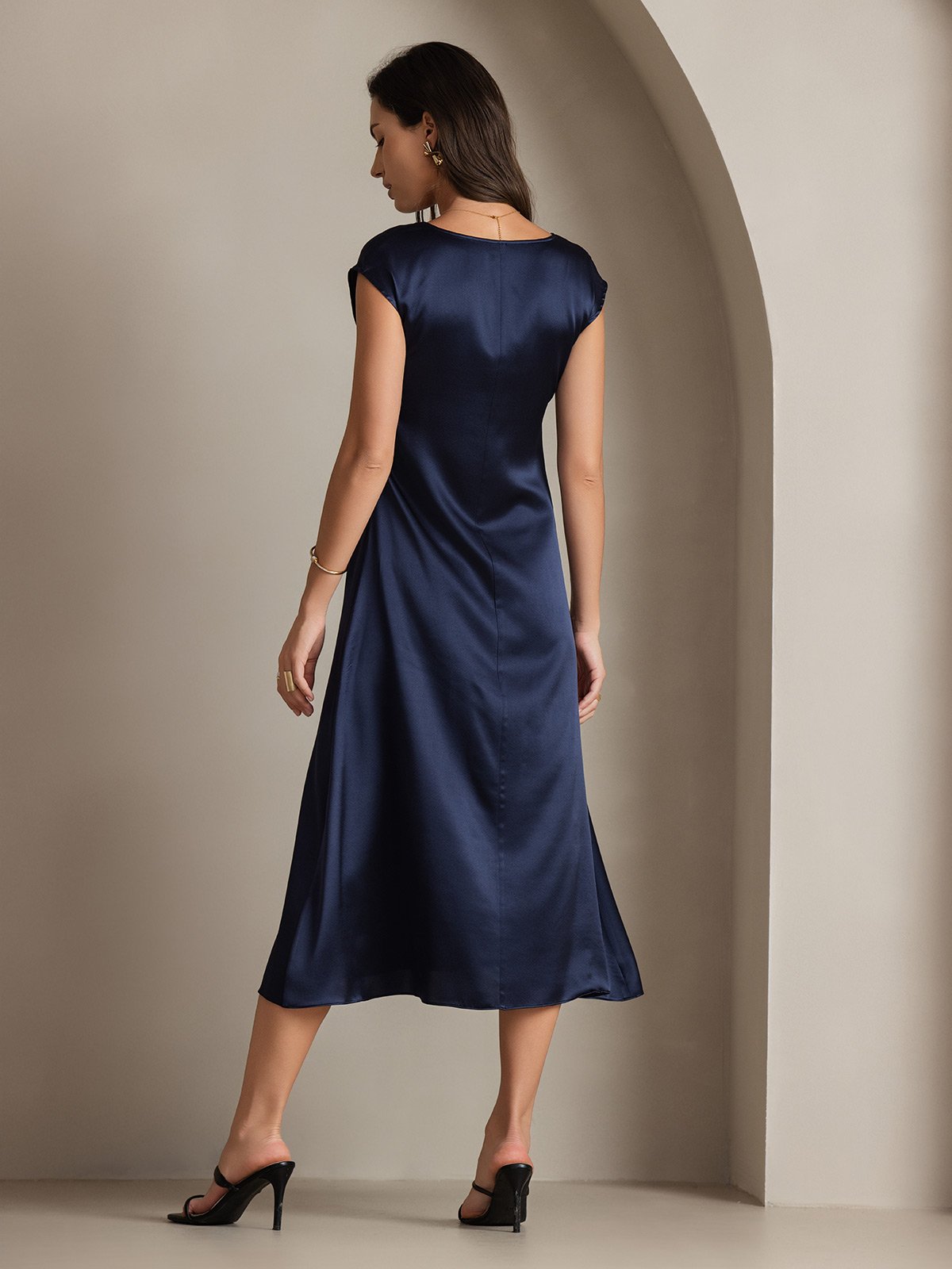 19Momme Silk Cap Sleeve Round Neck Midi Dress