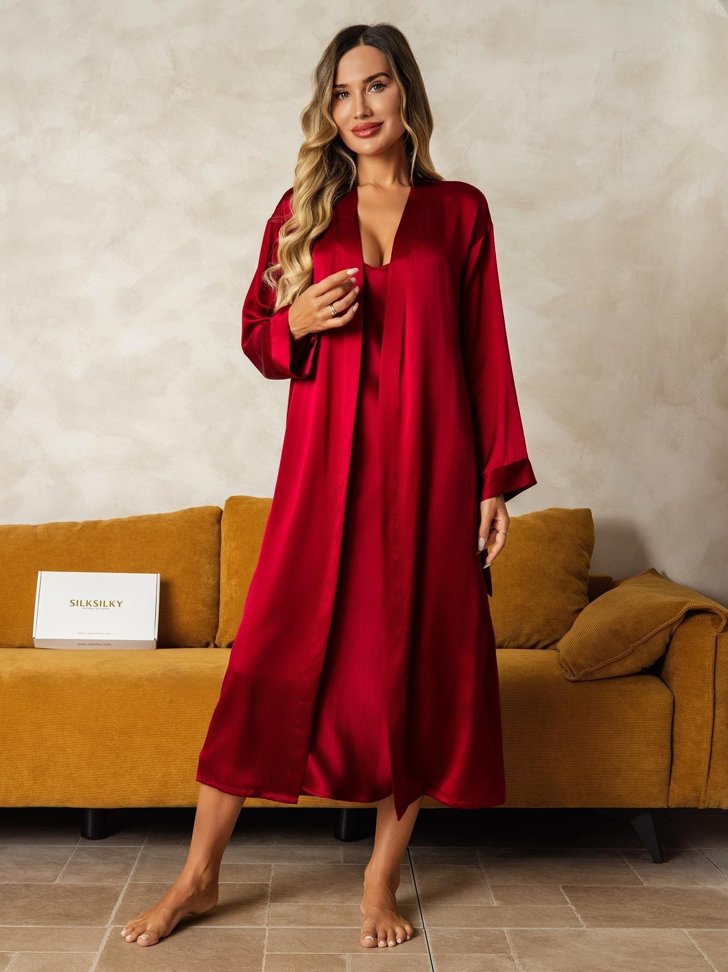 Pure Silk V-Neck Midi Nightdress & Dressing Gown Set 2Pcs