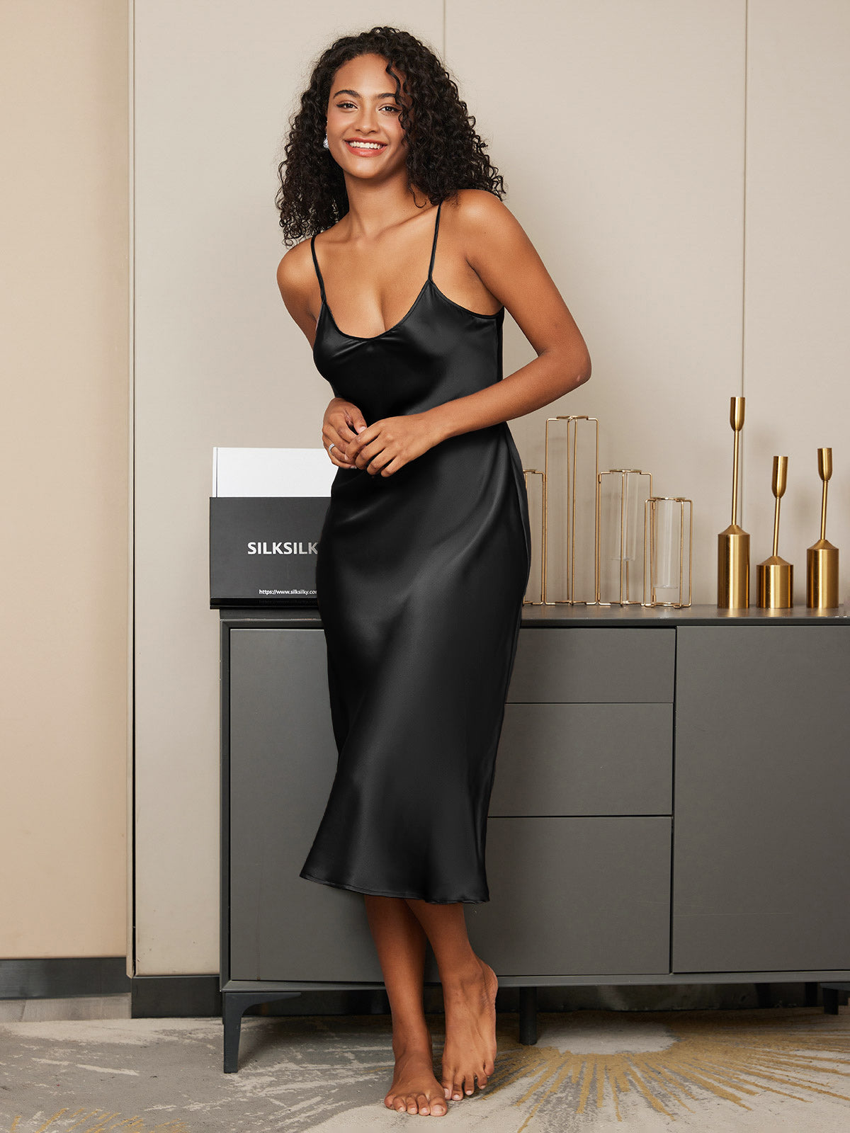 Women's Pure Silk Spaghetti Strap V-neck Midi Nightdress