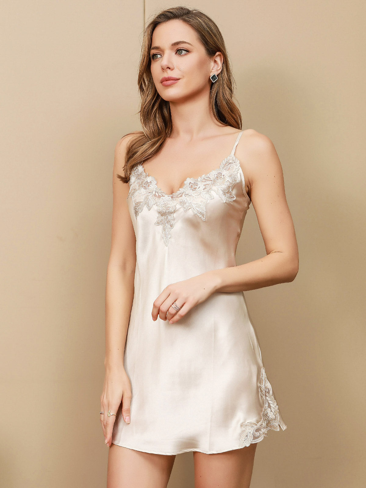 Pure Silk Spaghetti Strap Mini Nightdress with Lace Design