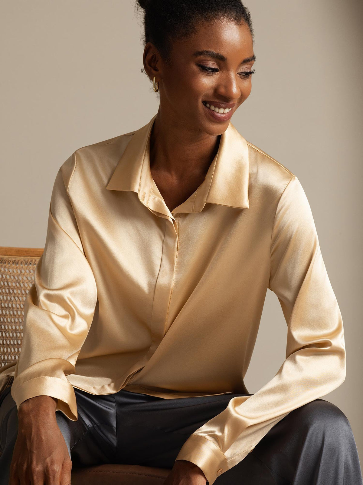 19Momme Silk Long Sleeve Lapel Collar Women's Shirt