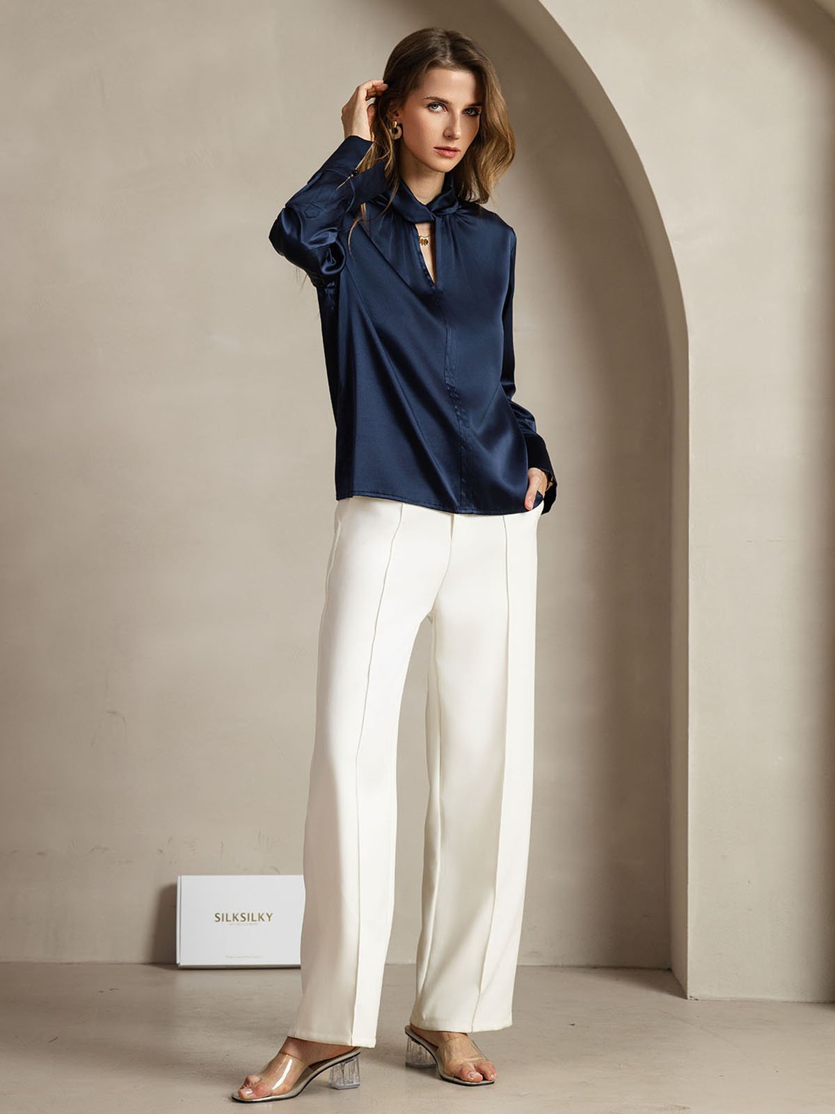 19Momme Silk Keyhole Neck Blouse with Pearl Buttons