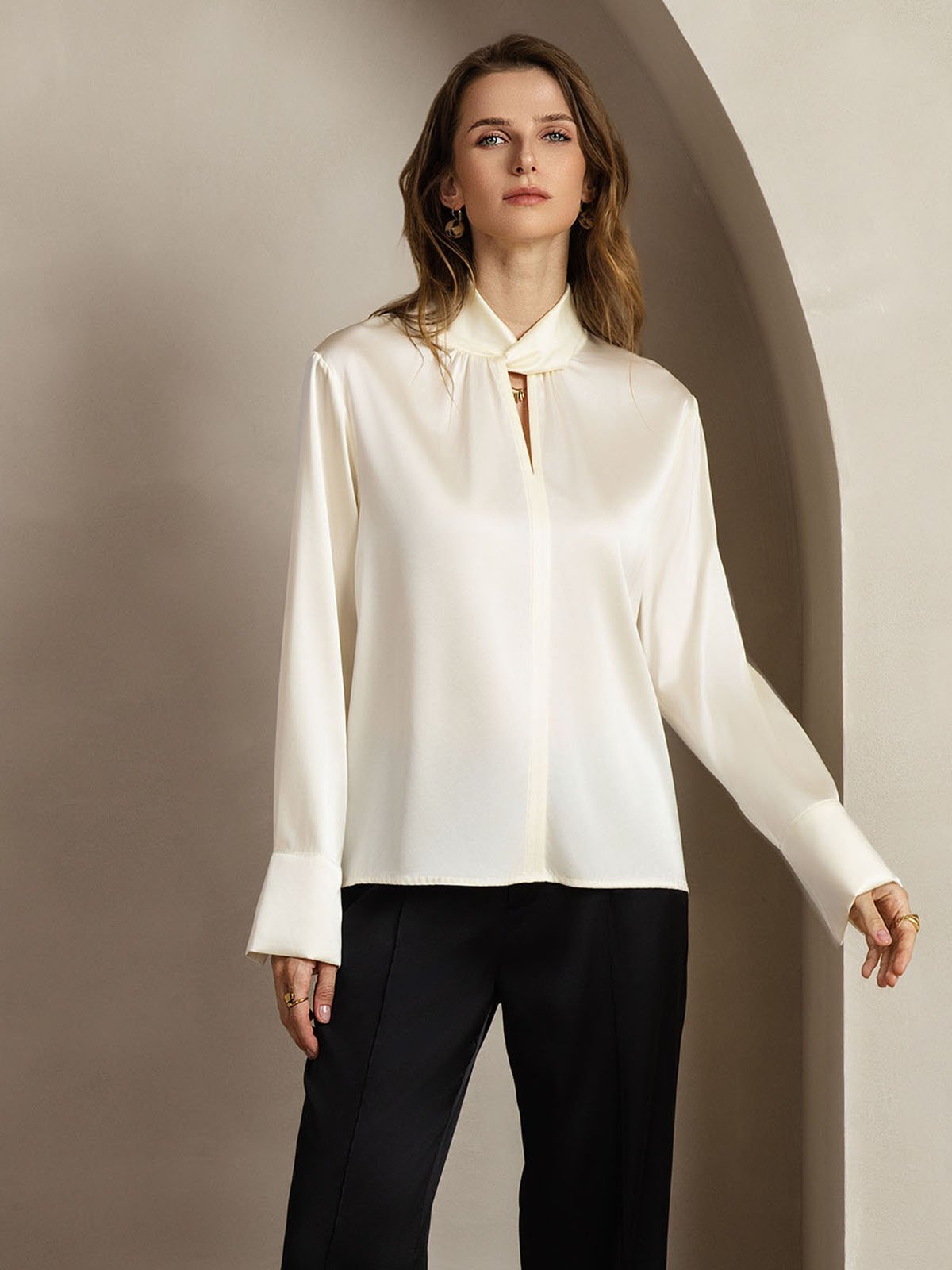 19Momme Silk Keyhole Neck Blouse with Pearl Buttons