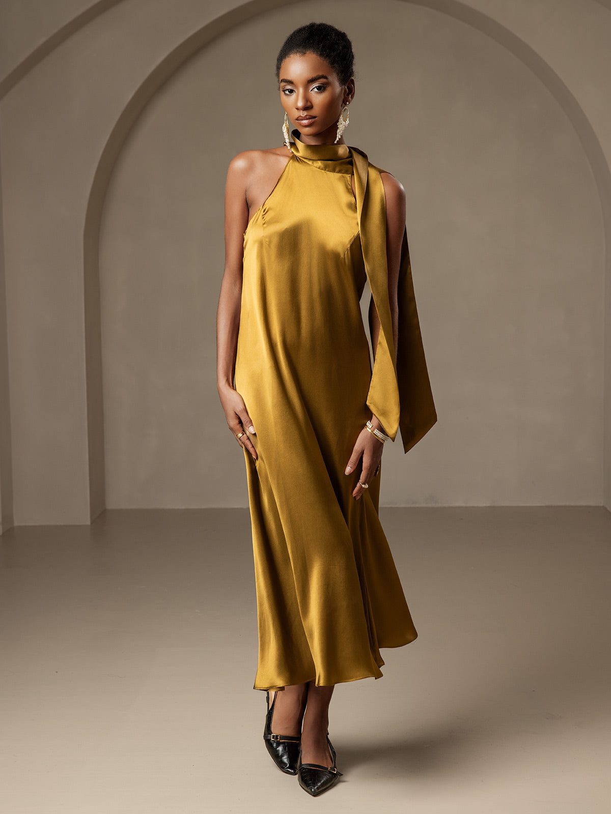 19Momme Silk Sleeveless Tie Neck Midi Dress