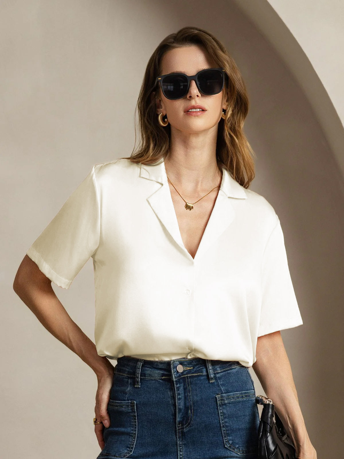 19Momme Silk Short Sleeve Notched Lapel Women's Shirt with Button Up Design