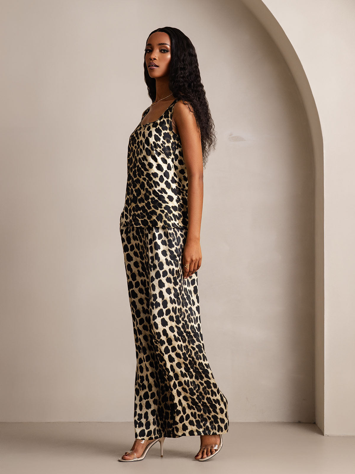 Women's Pure Silk Leopard Print U-Neck Tank Top & Wide Leg Pants Set