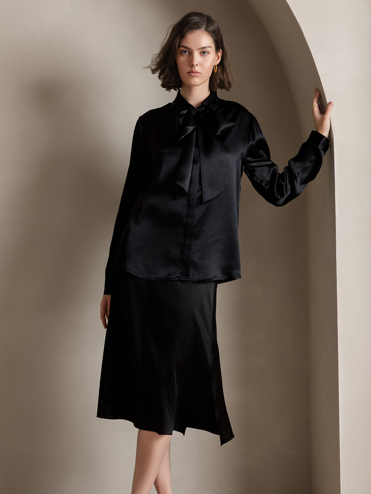 19Momme Silk Long Sleeve Tie Neck Blouse