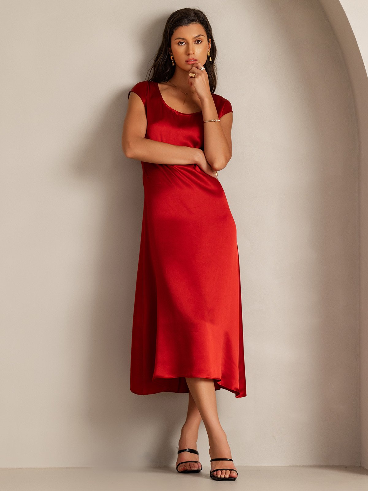 19Momme Silk Cap Sleeve Round Neck Midi Dress