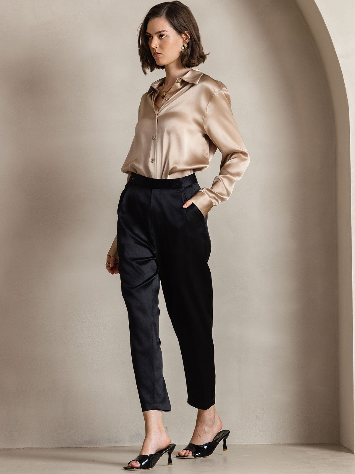 19Momme Silk Long Sleeve Lapel Collar Women's Shirt with Button Up Design