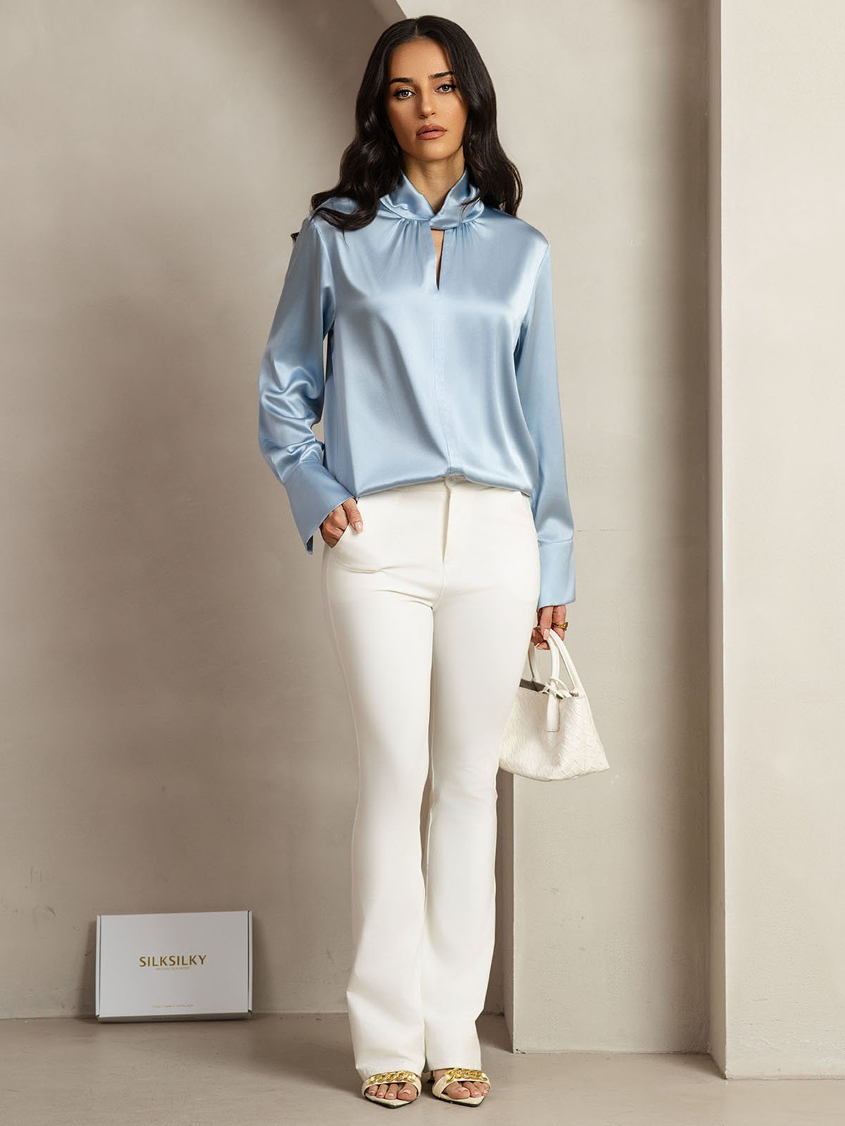 19Momme Silk Keyhole Neck Blouse with Pearl Buttons
