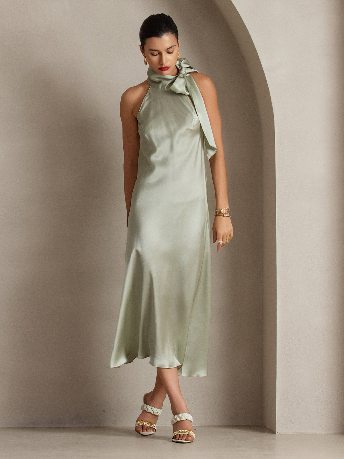 19Momme Silk Sleeveless Tie Neck Midi Dress