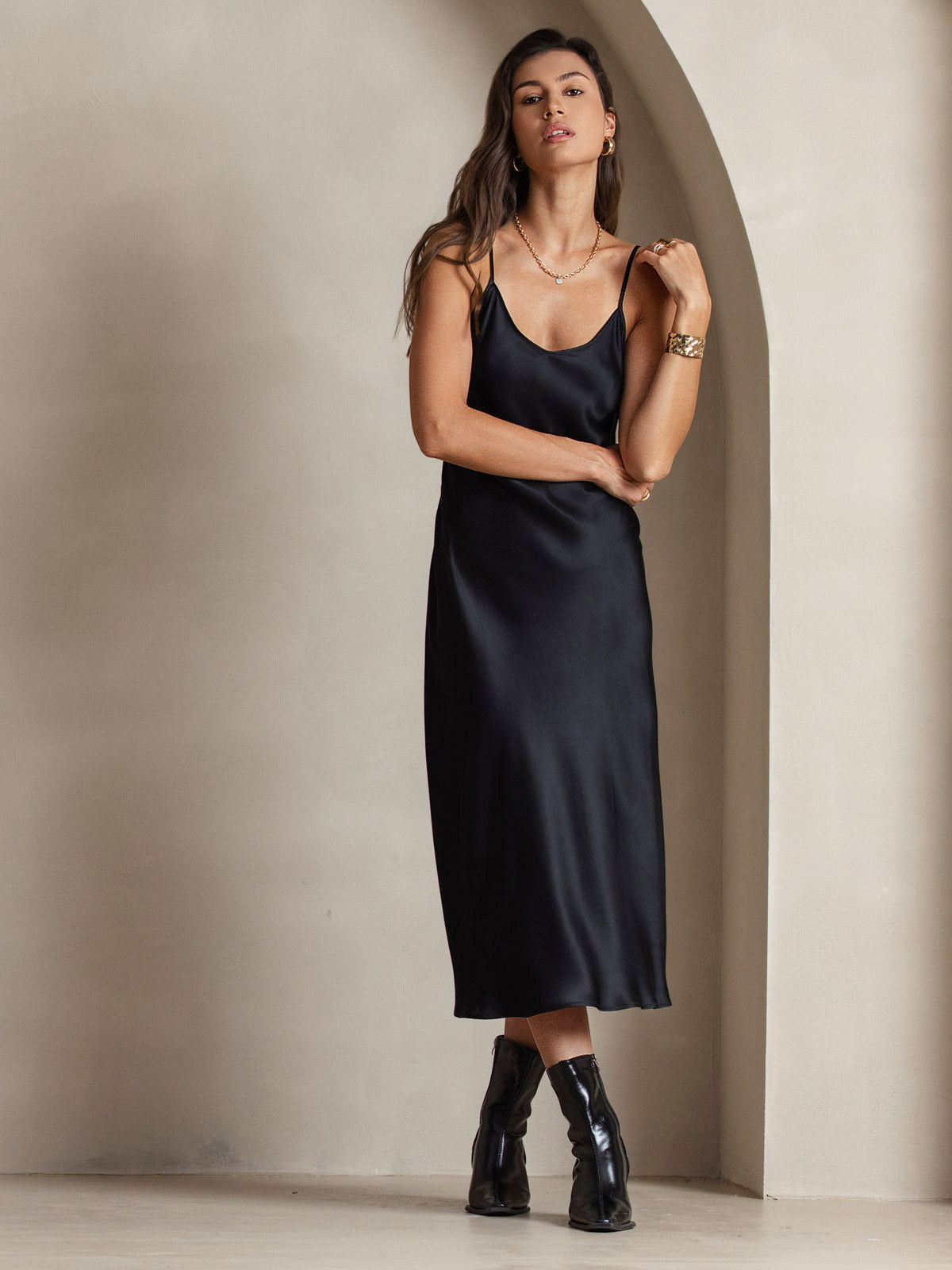 Pure Silk Spaghetti Strap V Neck Midi Dress
