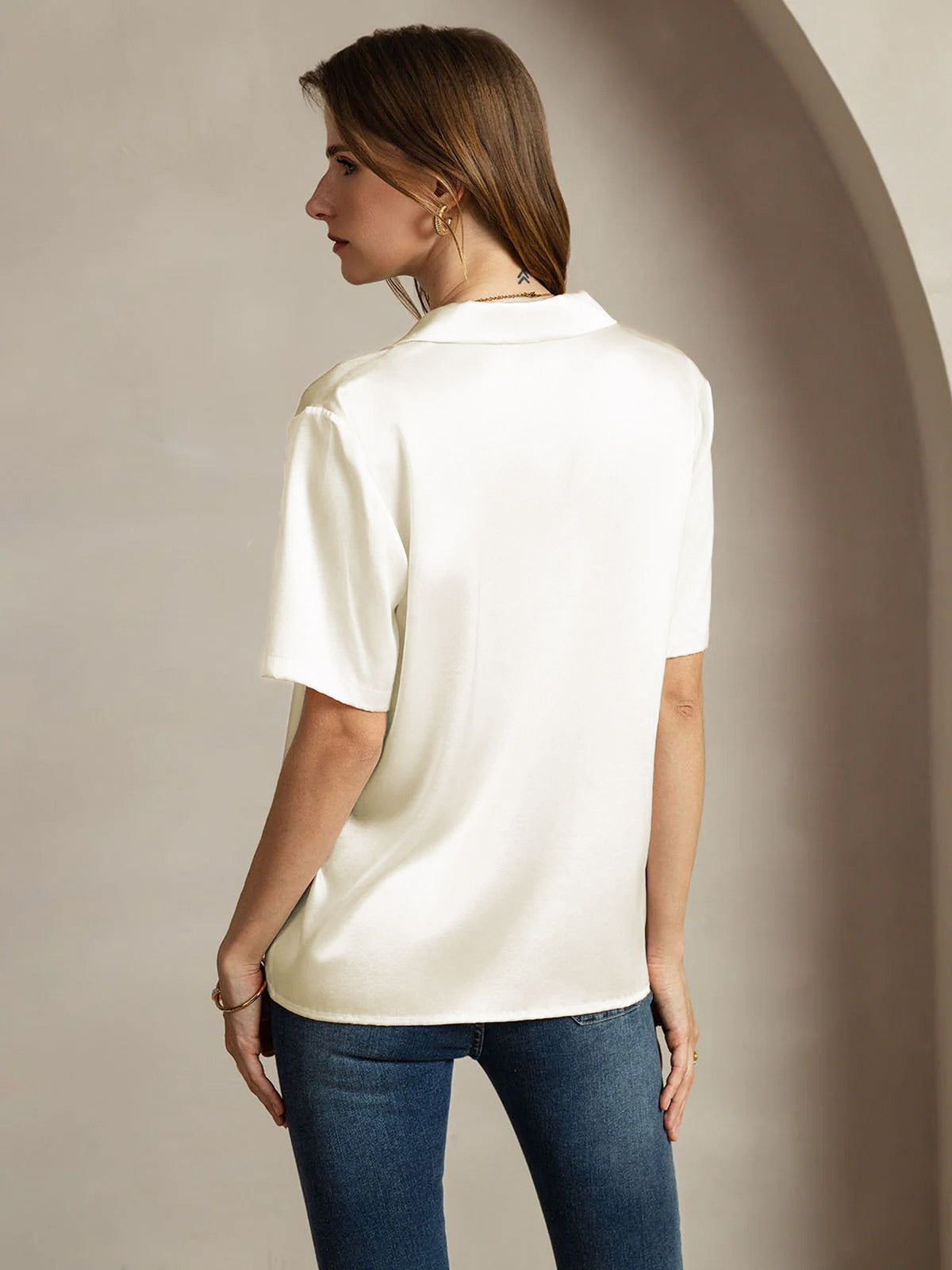 19Momme Silk Short Sleeve Notched Lapel Women's Shirt with Button Up Design