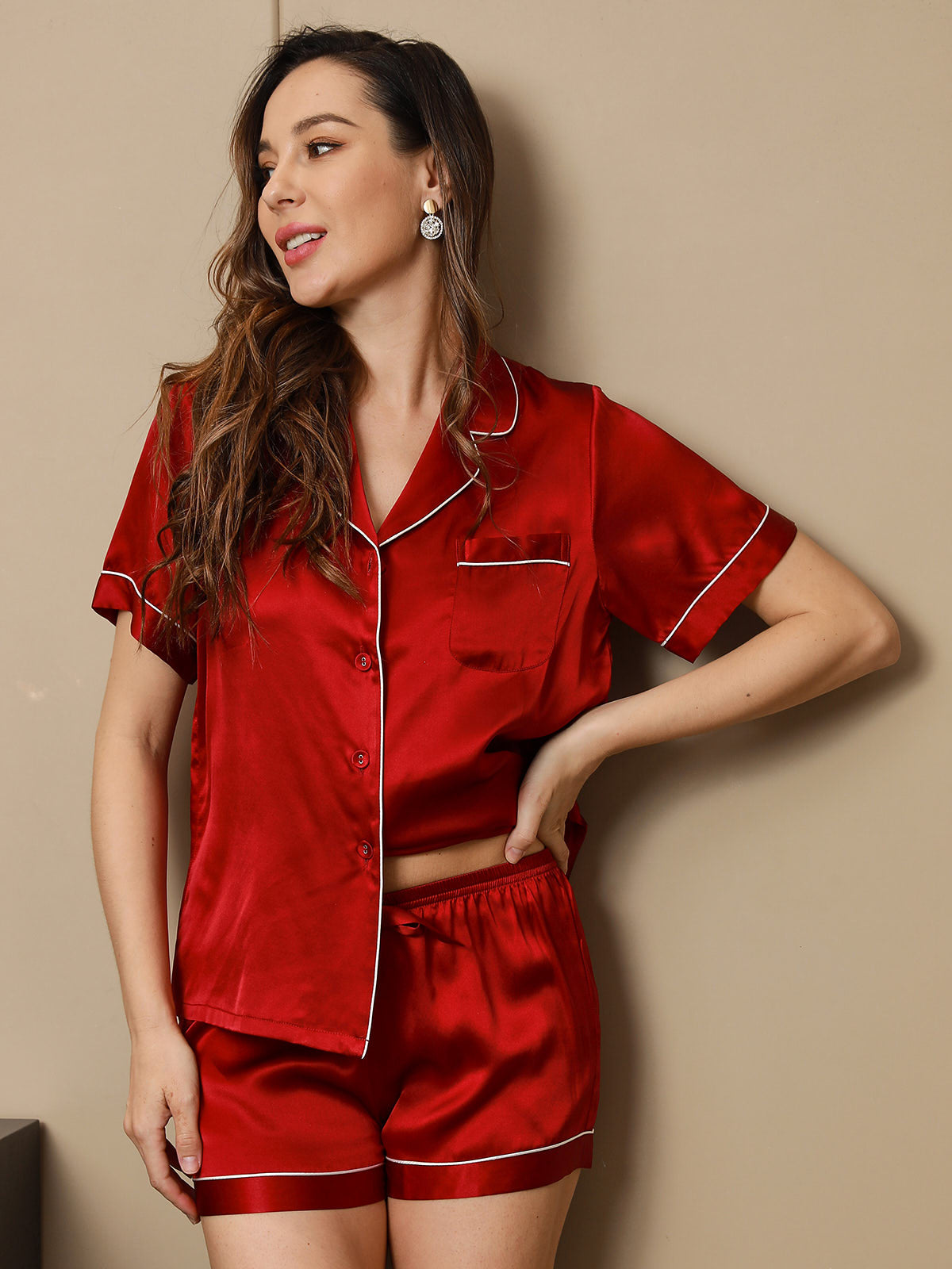 Women's Pure Silk Short Sleeve Notch Collar Pyjamas Set