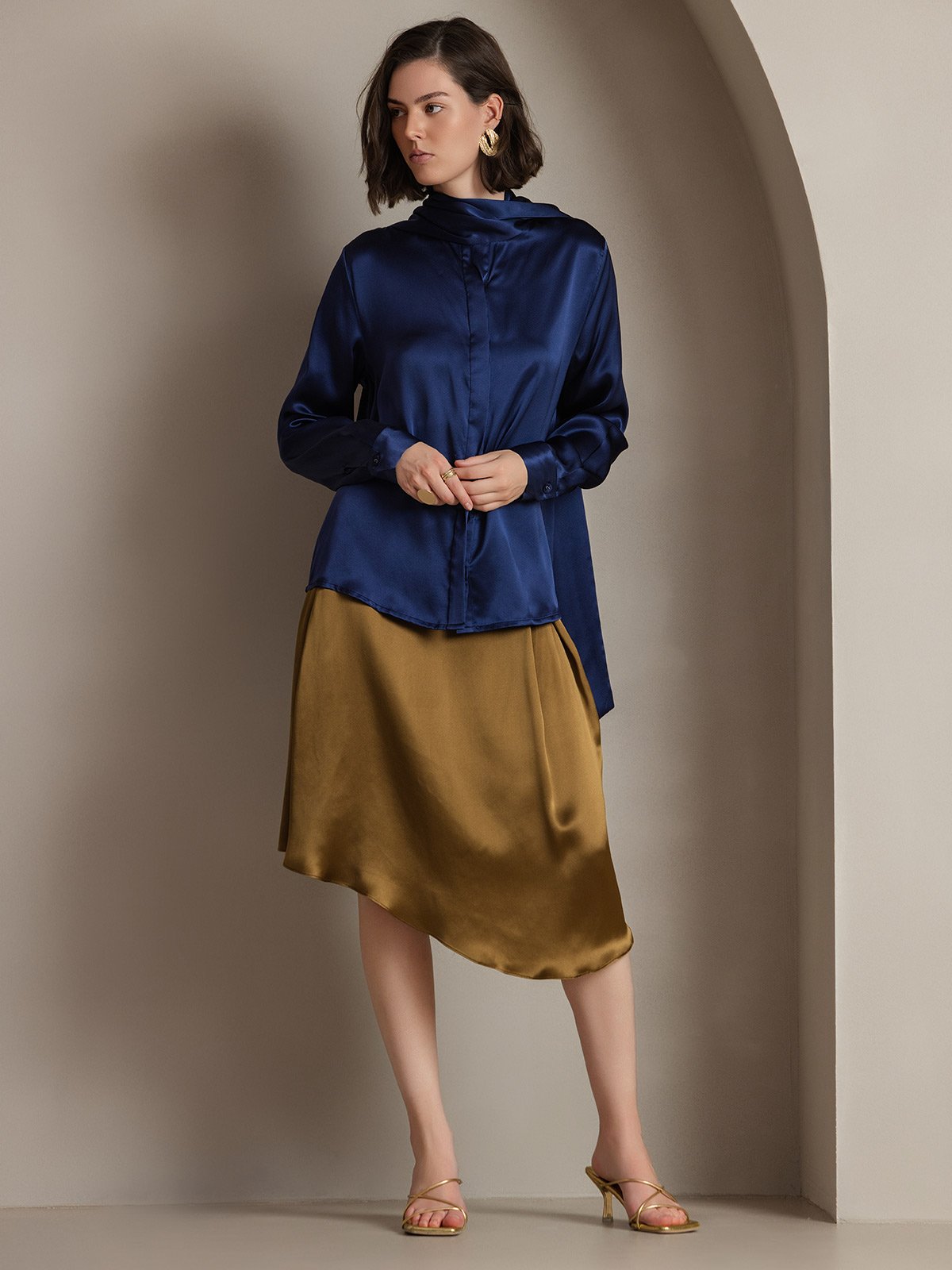 19Momme Silk Long Sleeve High Neck Bow Tie Blouse