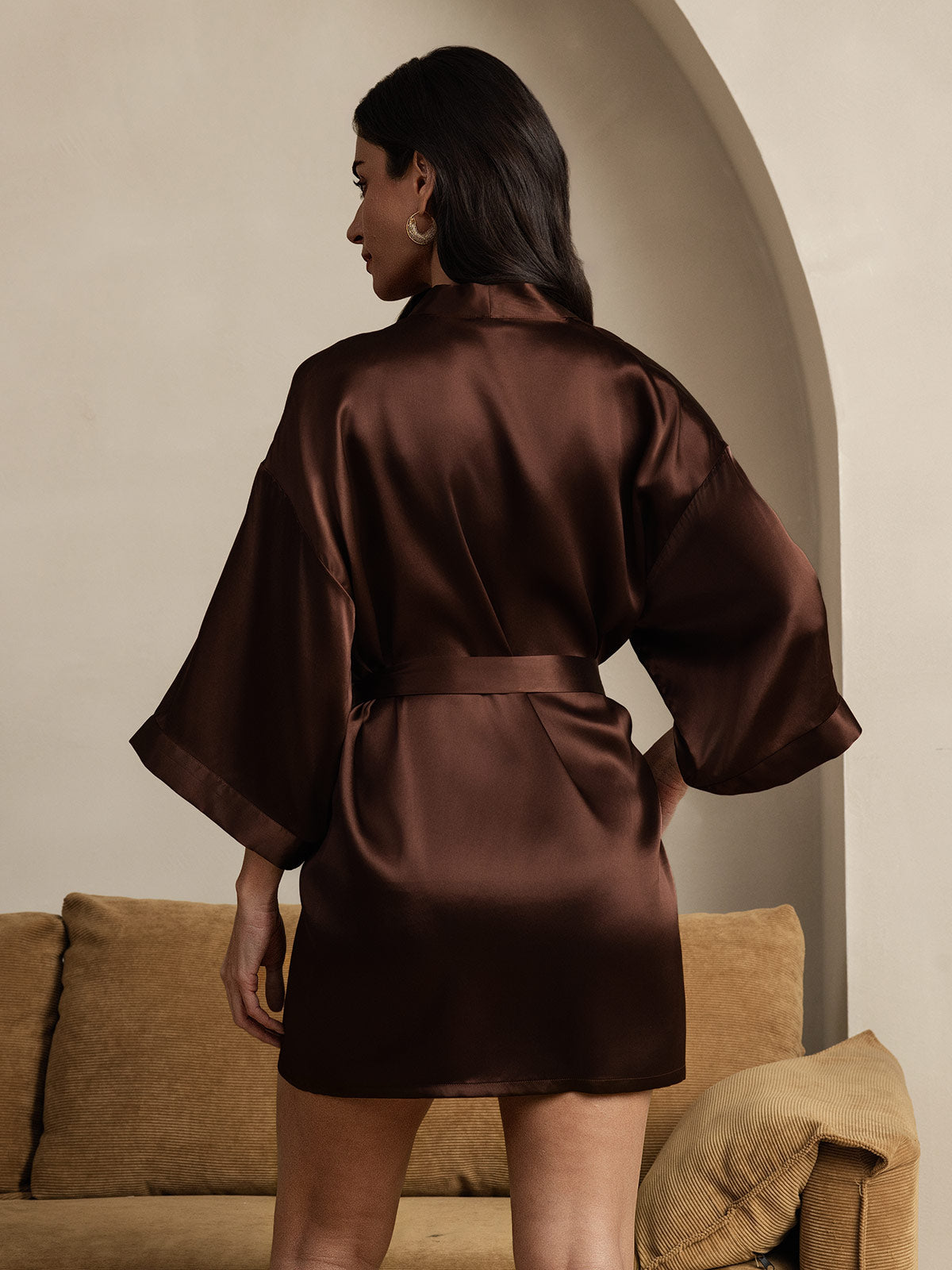 Pure Silk Short Women's Kimono Dressing Gown with Wrap Design