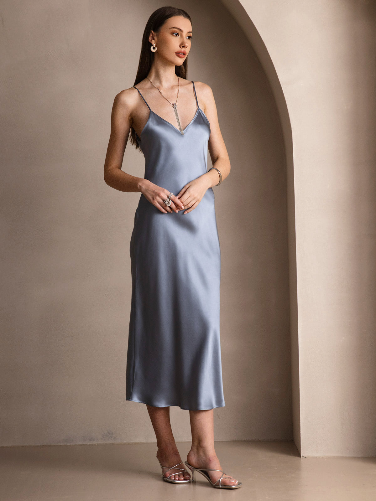 Pure Silk Spaghetti Strap Midi Dress