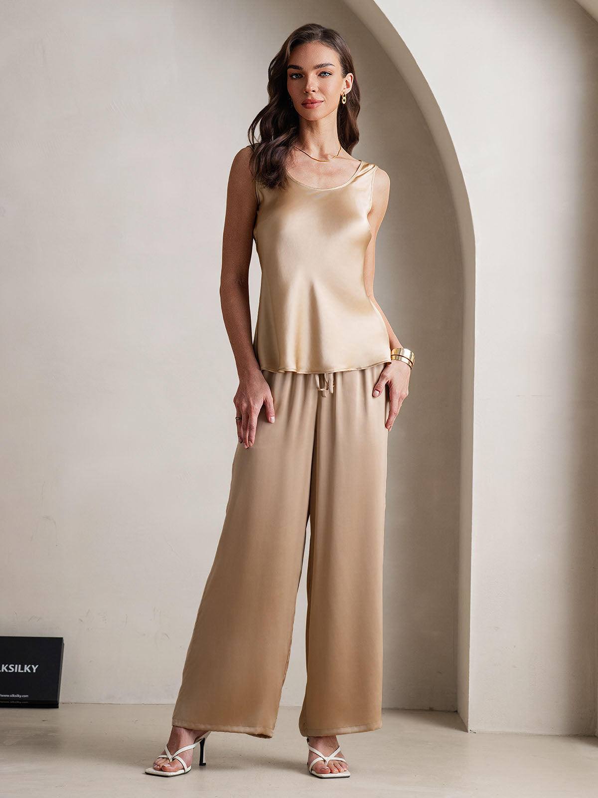 Pure Silk Sleeveless U-Neck Tank Top & Wide Leg Pants Set