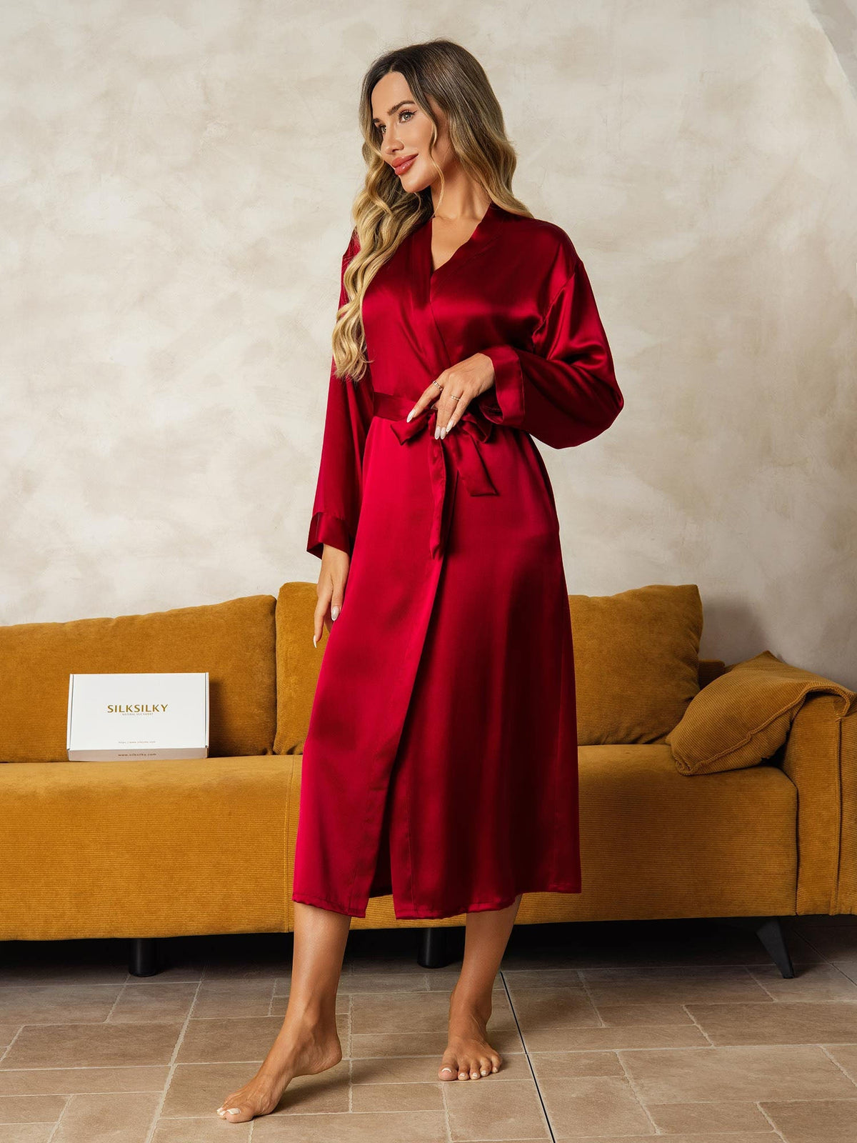 Women's Pure Silk Long Sleeve Midi Wrap Dressing Gown