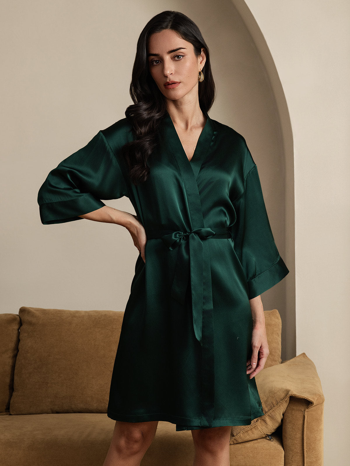 Pure Silk 3/4 Sleeve Women's Kimono Wrap Dressing Gown