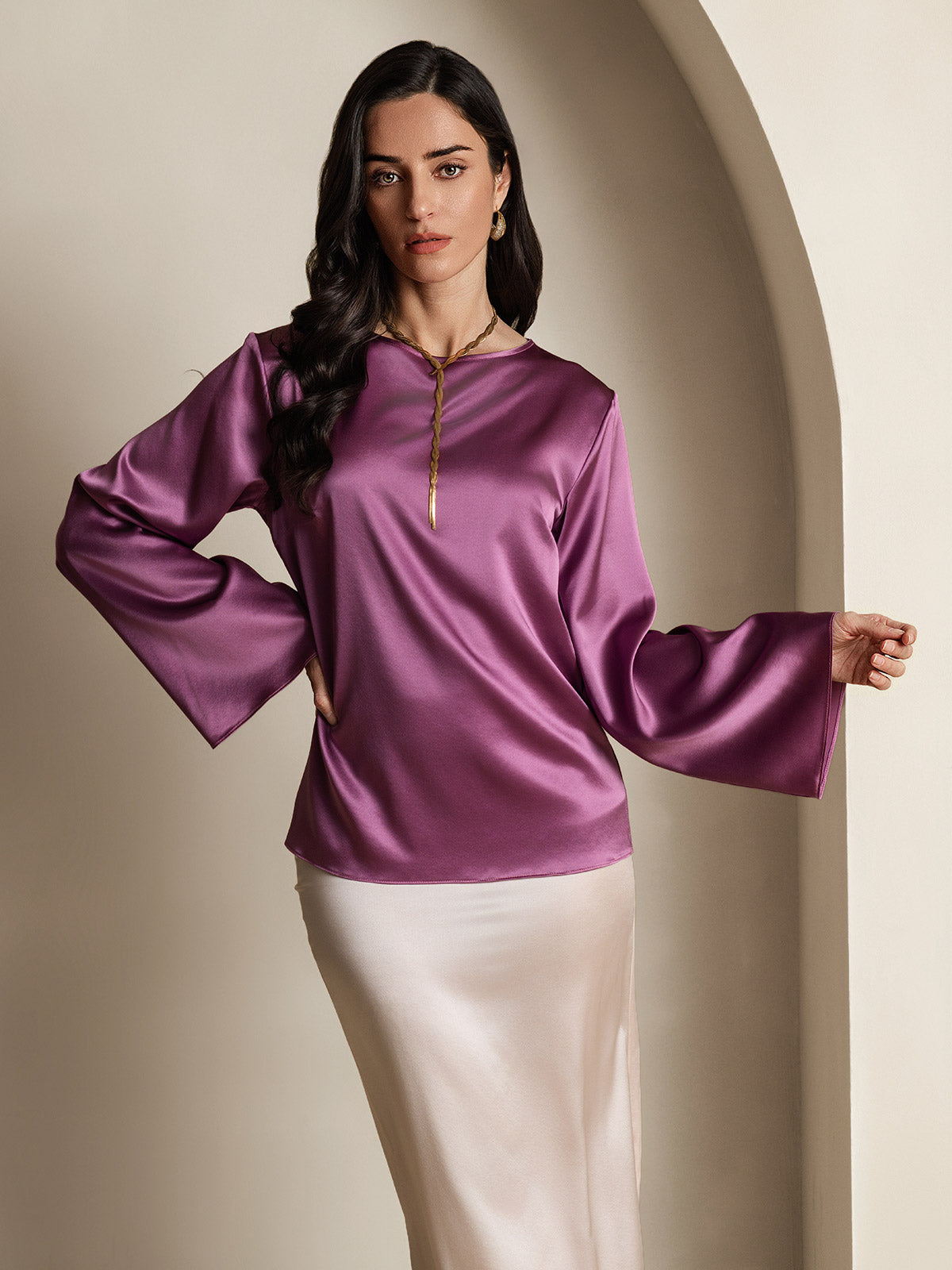 19Momme Silk Bell Sleeve Boat Neck Women's Top
