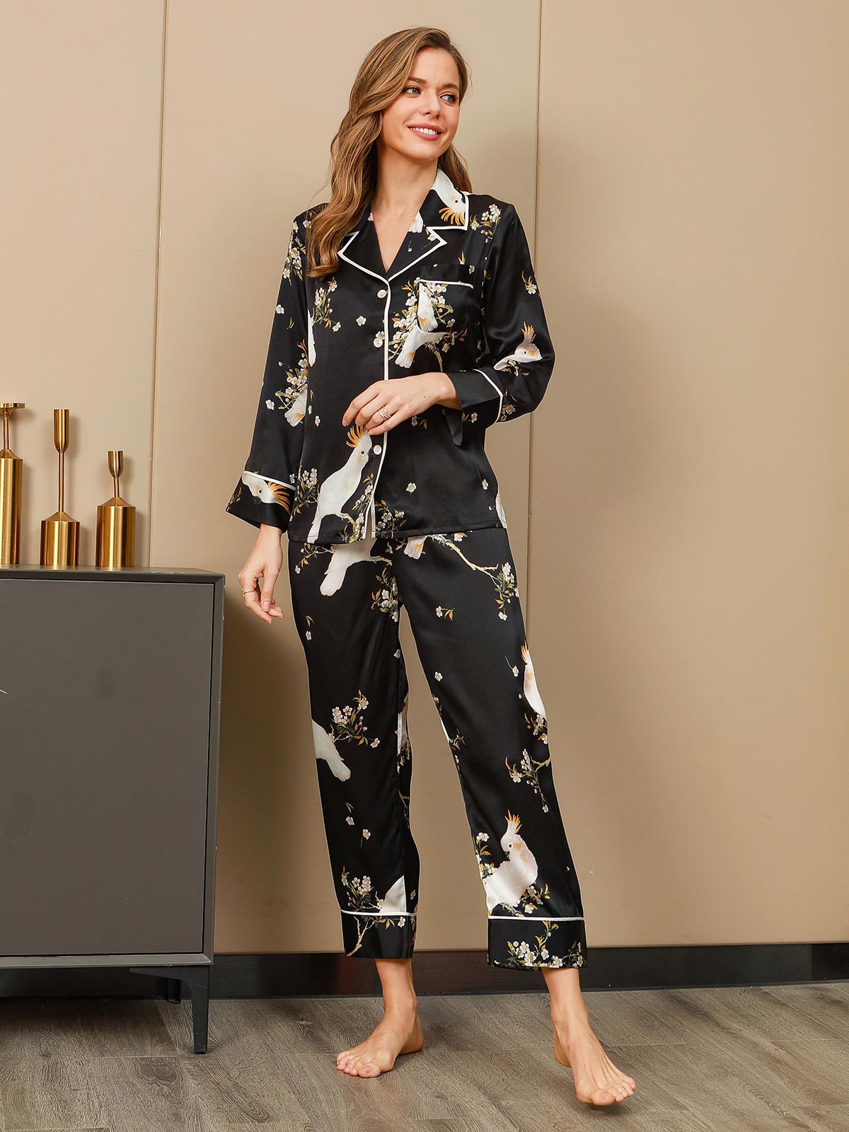 Women's Pure Silk Floral Print Long Sleeve Pyjamas Set With Pants