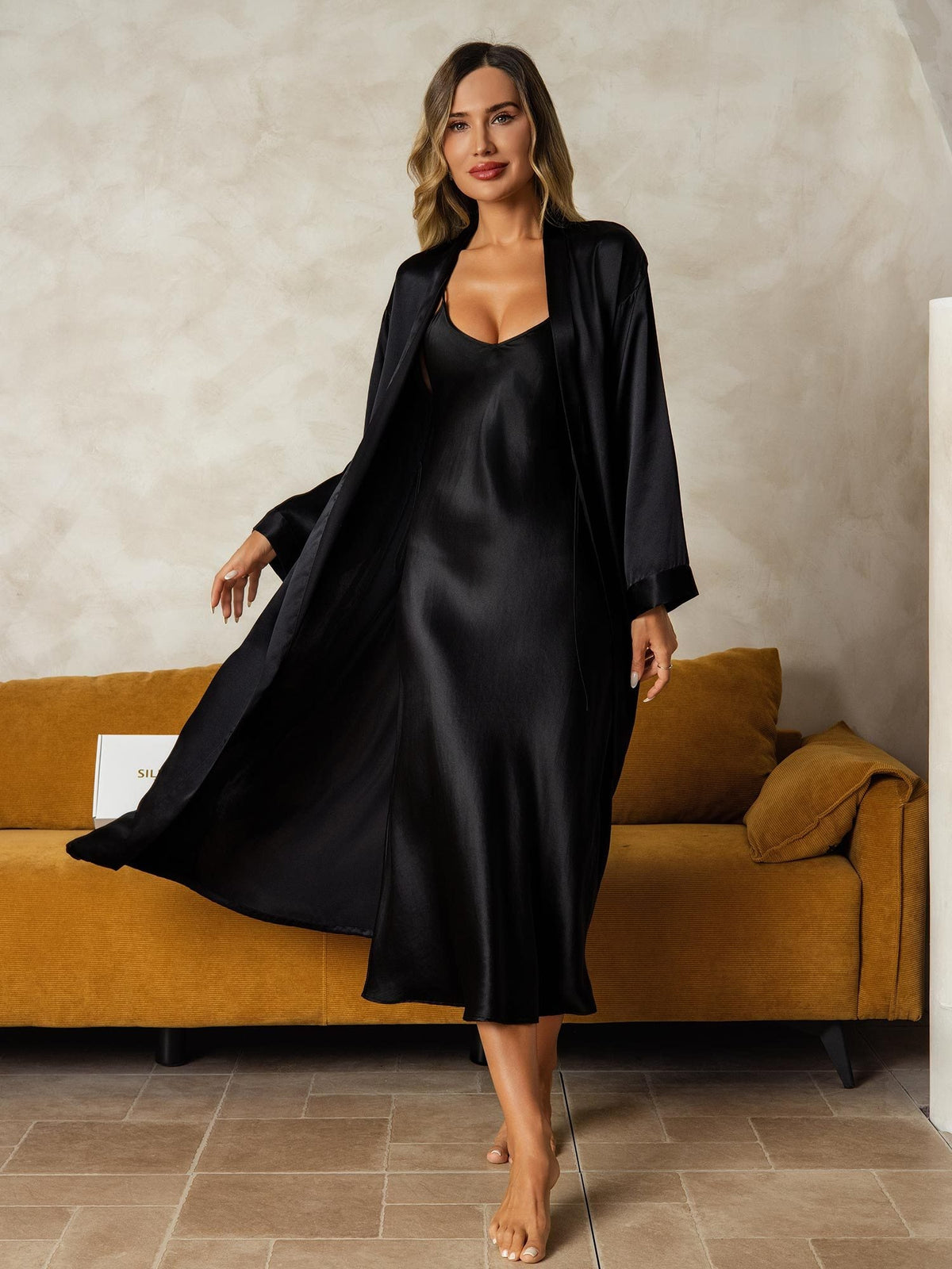Pure Silk V-Neck Midi Nightdress & Dressing Gown Set 2Pcs