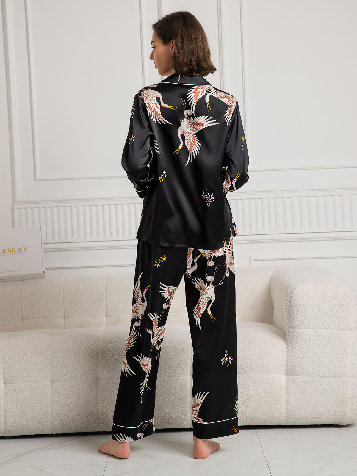 19Momme Women's Pure Silk Crane Print Long Sleeve Pyjamas Set