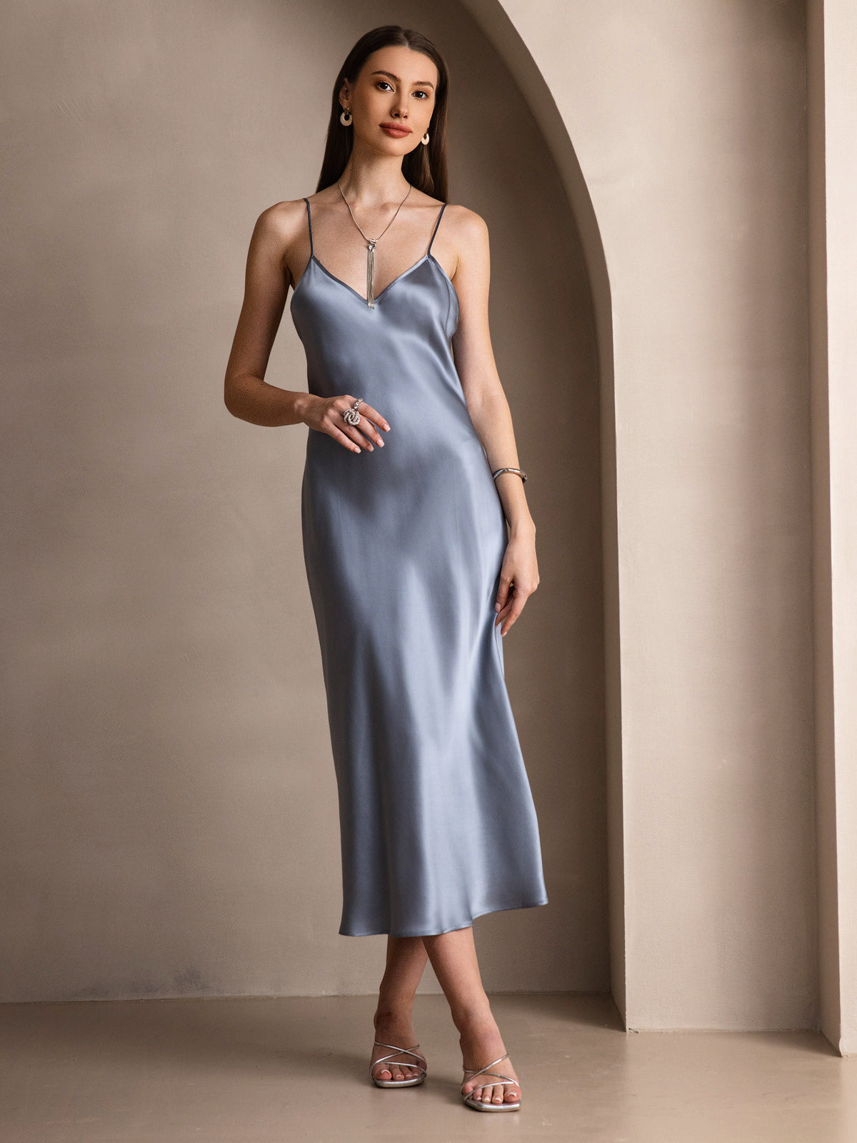 Pure Silk Spaghetti Strap V Neck Midi Dress