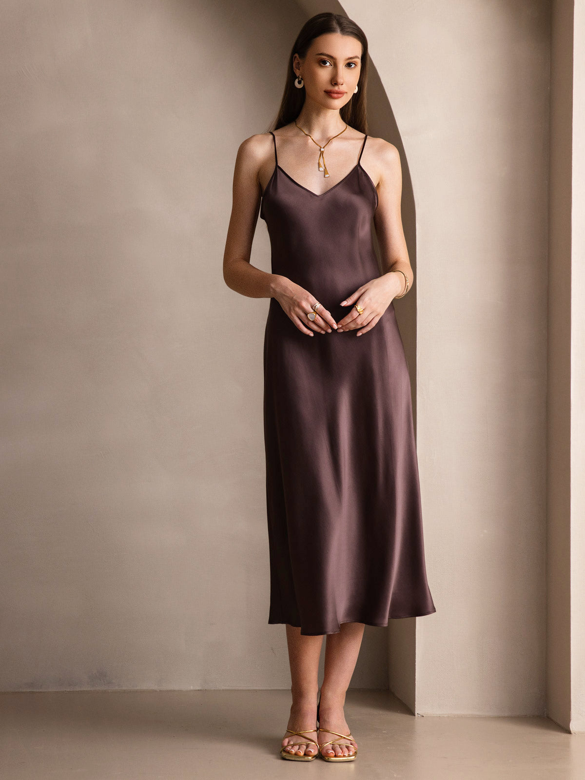 Pure Silk Spaghetti Strap V Neck Midi Dress
