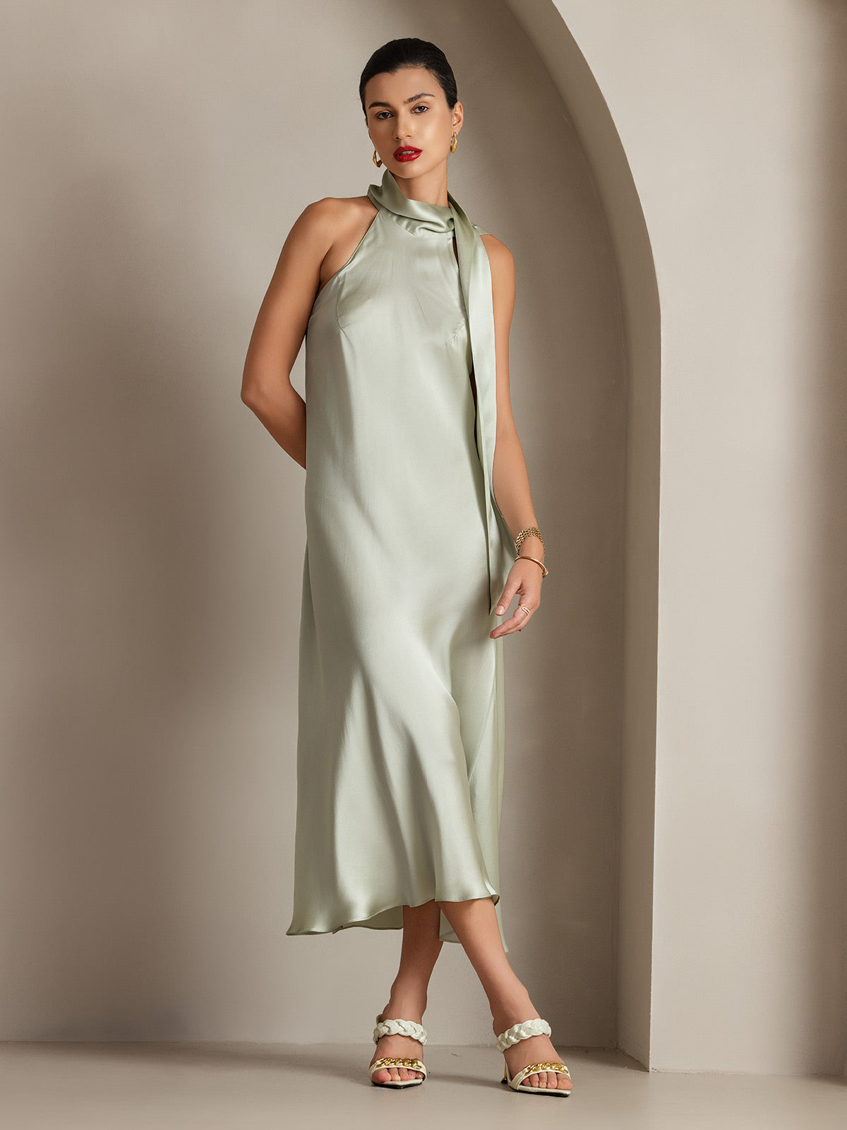 19Momme Silk Sleeveless Tie Neck Midi Dress
