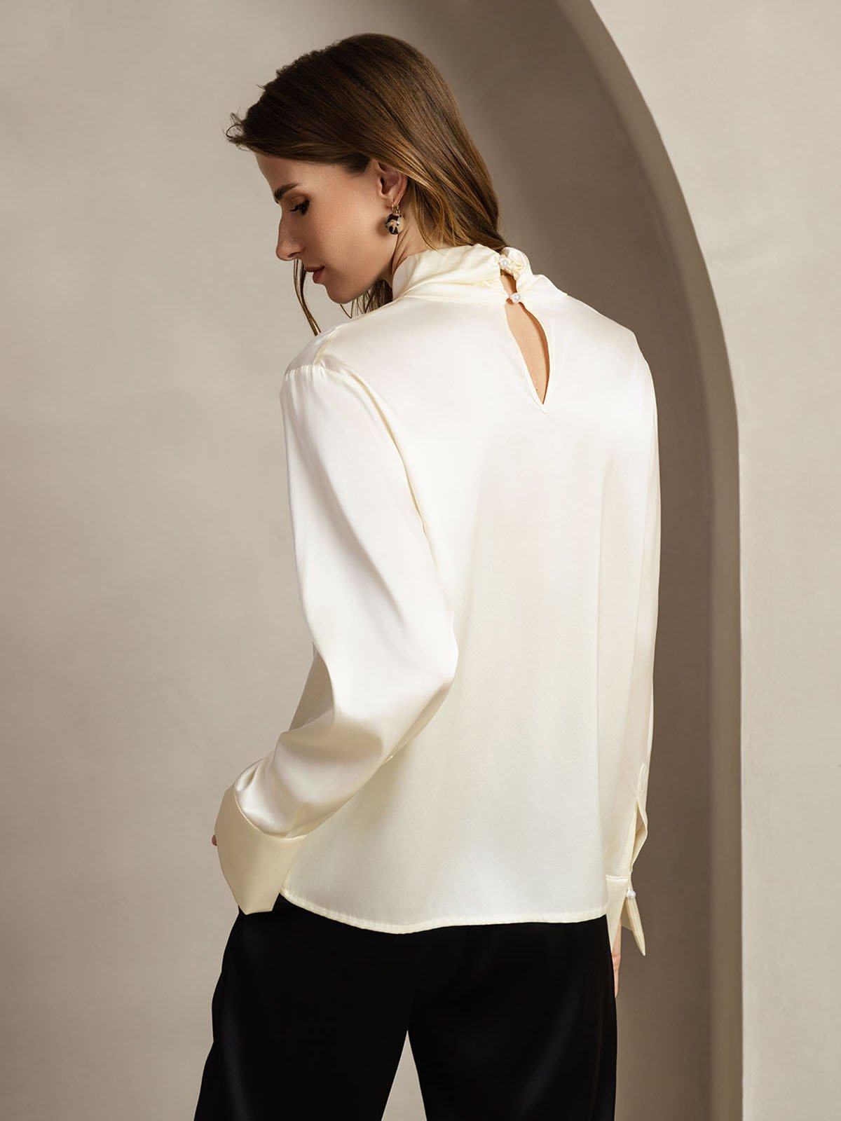 19Momme Silk Keyhole Neck Blouse with Pearl Buttons